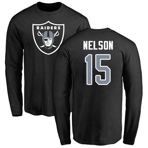 Men Oakland Raiders Olive J  J  Nelson Name and Number Logo NFL Football #15 Long Sleeve T Shirt